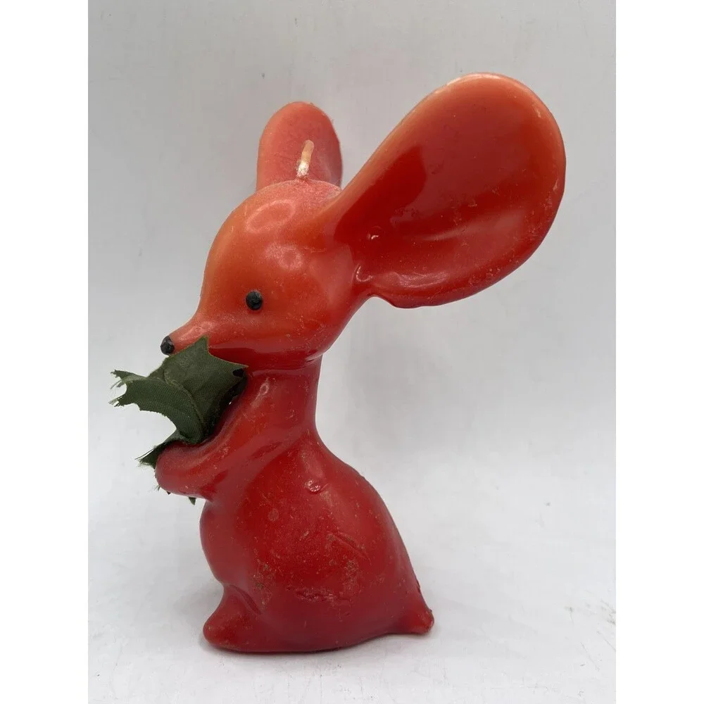 Vintage Red Mouse w/ Big Ears Holding Holly Figure Candle  5.5” Tall -